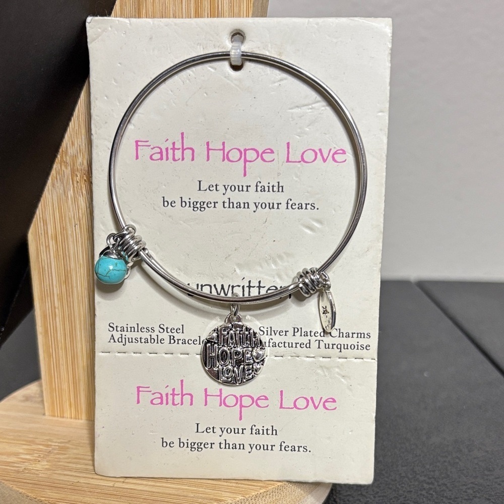 NWT Unwritten Faith Hope Love Silver Bangle Bracelet with Turquoise Charm